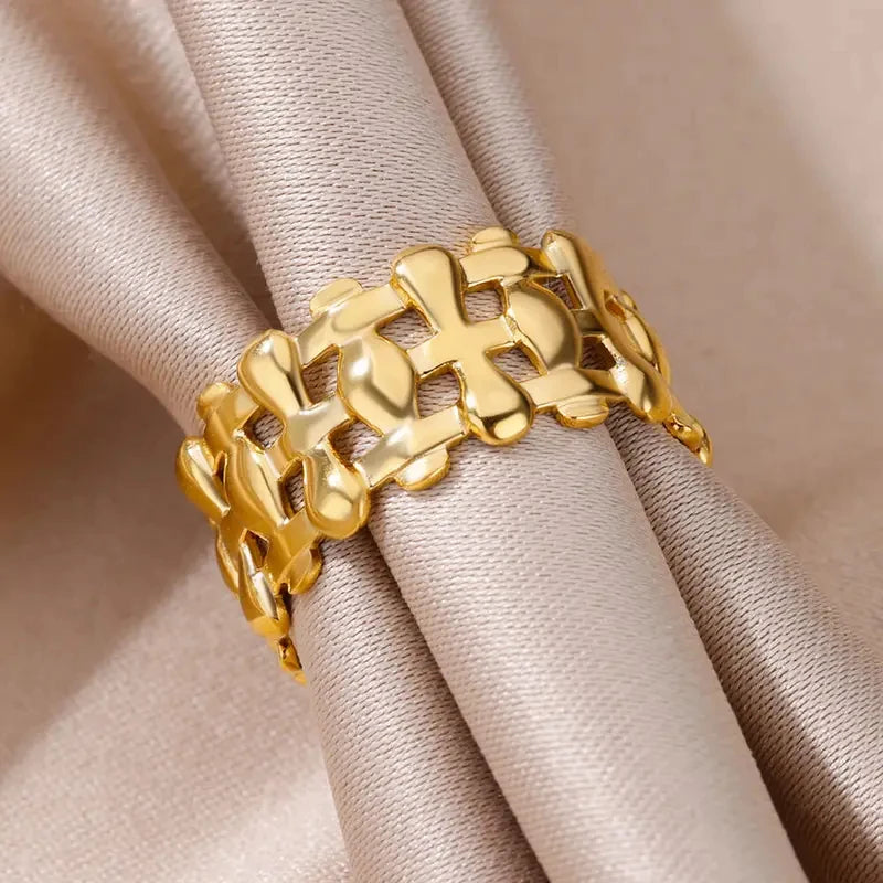 Geometric Hollow Rings Set For Women Men Stainless Steel Gold Color Adjustable Ring Vintage Charm Wedding Y2k Jewelry Anillos