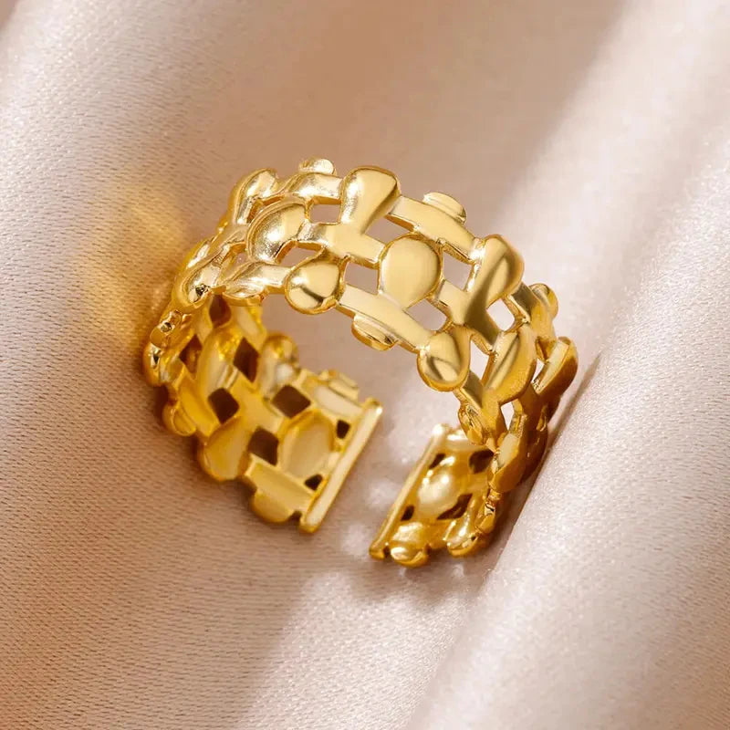 Geometric Hollow Rings Set For Women Men Stainless Steel Gold Color Adjustable Ring Vintage Charm Wedding Y2k Jewelry Anillos