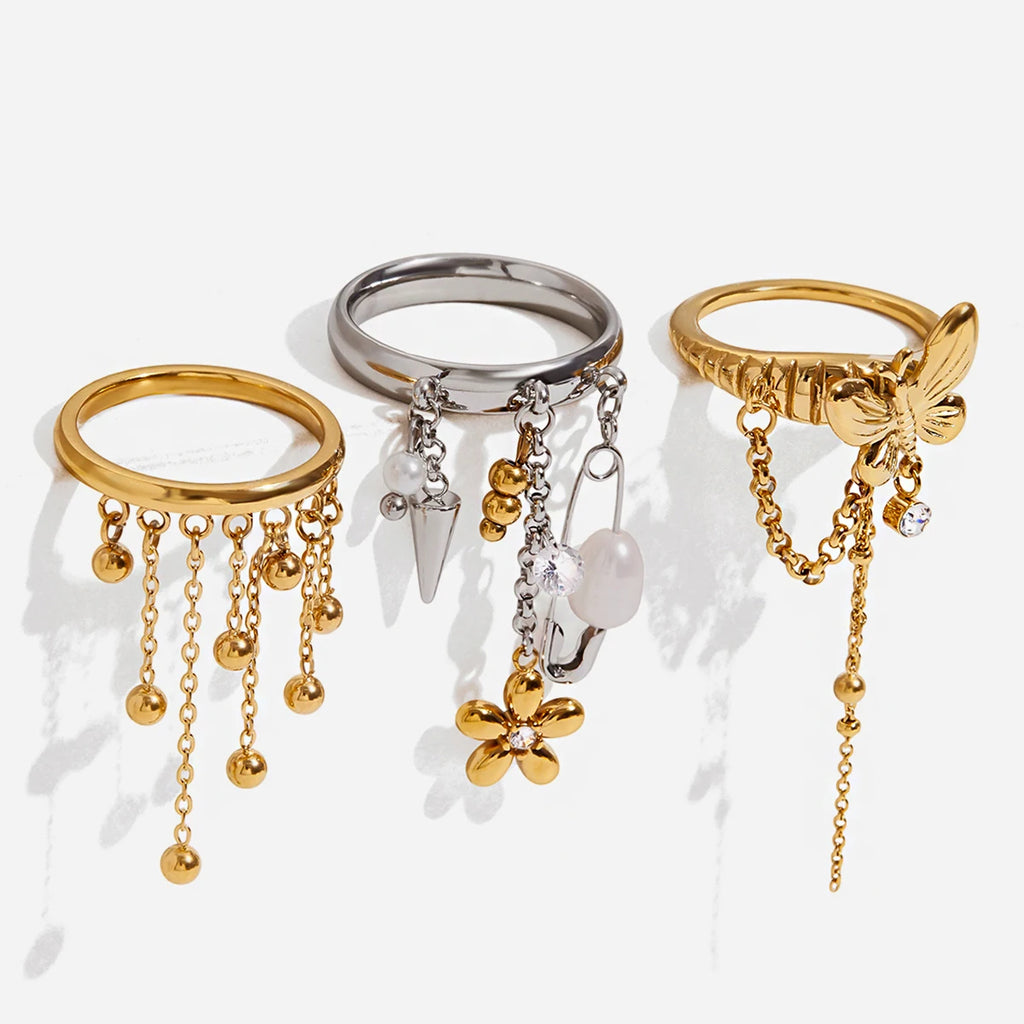 Youthway Y2K Style Freshwater Pearl Flower Pendant Tassel Ring for Women Stainless Steel 18K Gold Color Plated Fashion Accessory
