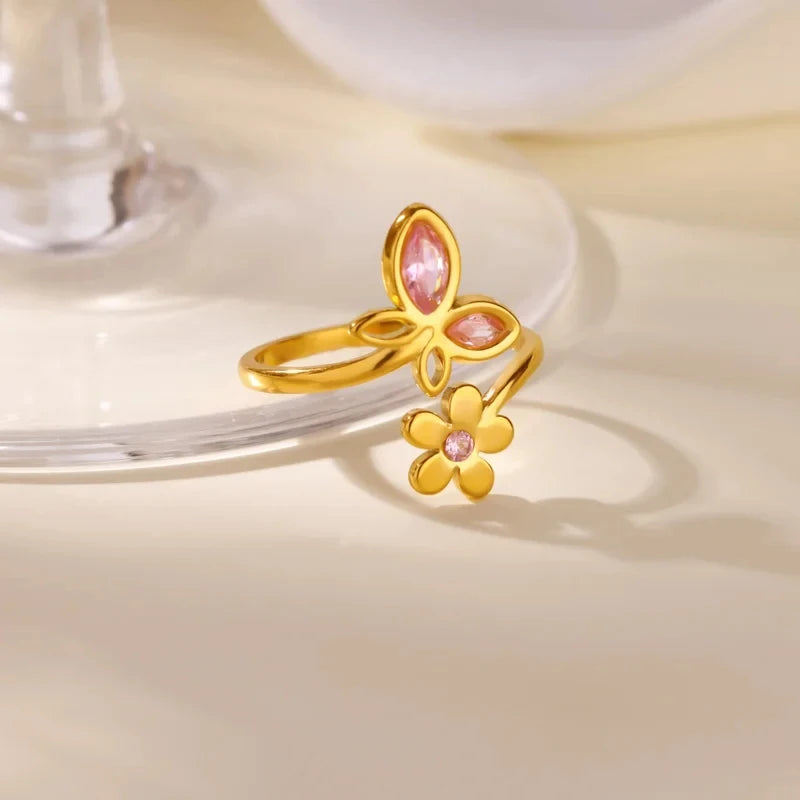 Luxury Zircon Butterfly Flower Rings For Women Stainless Steel Gold Color Cheap Ring Fashion Wedding Couple Y2k Jewelry Anillos
