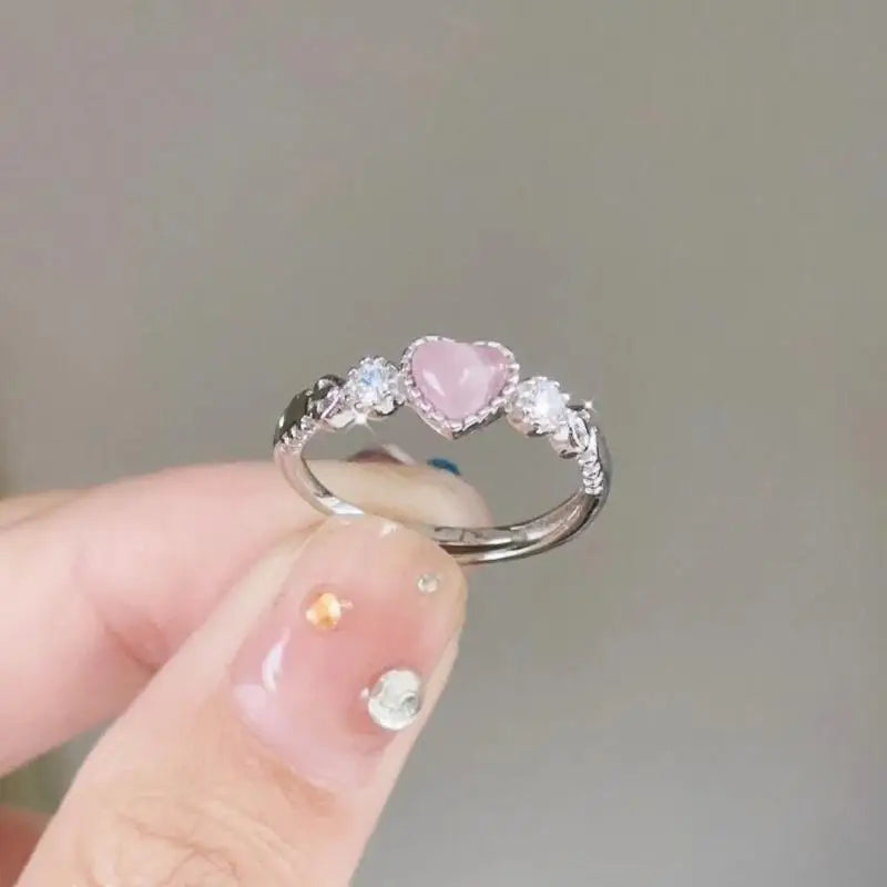 Trend Pink Love Heart Crystal Rings for Women Kpop Love Zircon Open Ring Irregular Grunge Aesthetic Egirl Rings Jewelry