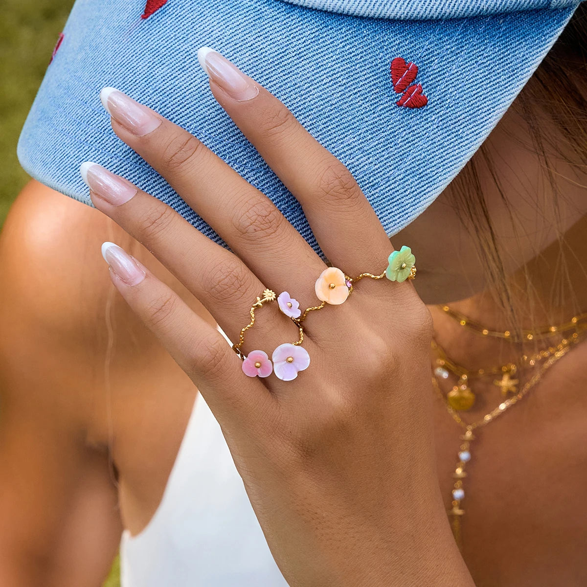 Zora Cute Y2K Color Oil Drop Shell Flower Hammer Pattern Line Open Ring 18K Gold-plated Stainless Steel Daily Jewelry